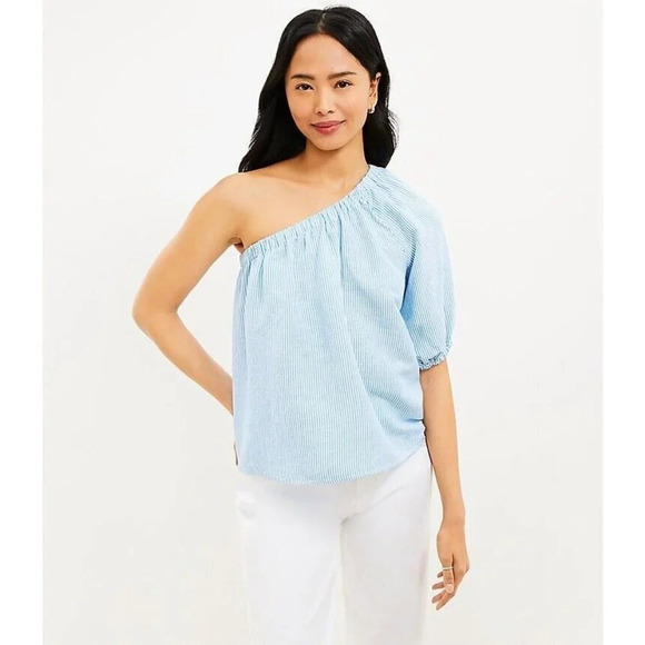 Loft Striped Linen Blend One Shoulder Blouse Size Medium Blue & White Women’s - Picture 2 of 10